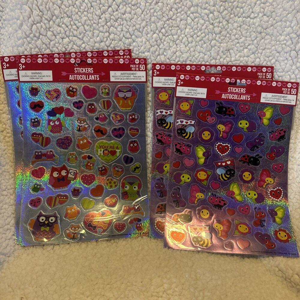 Valentine Owl Insect Bee Butterfly Bug Stickers Autocollants 4 Packs of 50